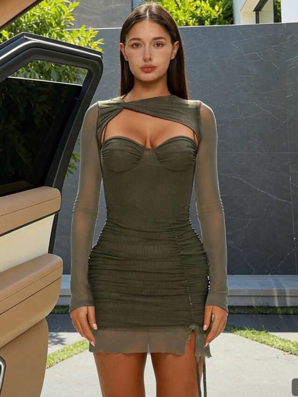 Ruched Long-Sleeve Mini Dress in Olive